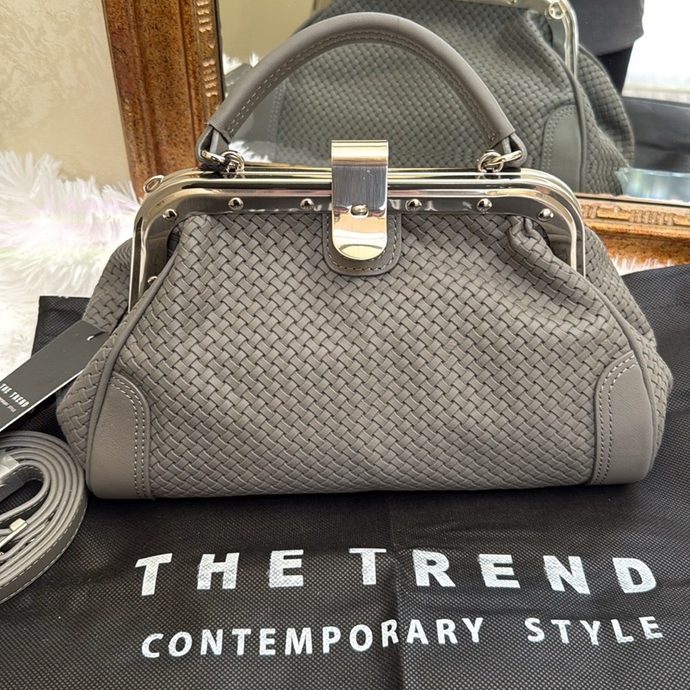 New Elegant “The Trend” Gray Vegan leather Woven Crossbody or Handbag w/silver.